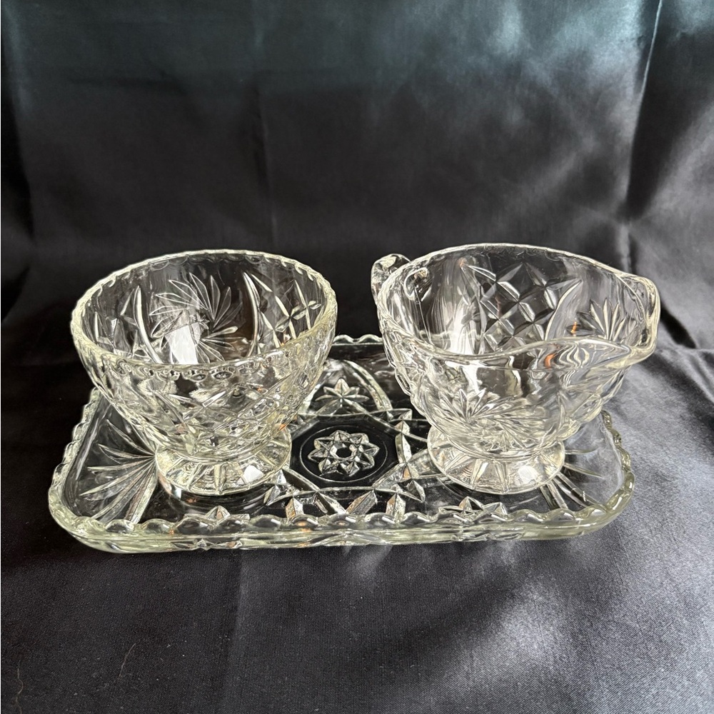 Anchor Hocking Crystal Sugar and Creamer Set with Tray